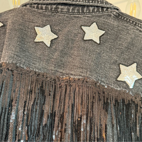 Black Light Wash Jacket w/ black sequin fringe & silver stars. Plus Size. XXL. - Picture 3 of 6